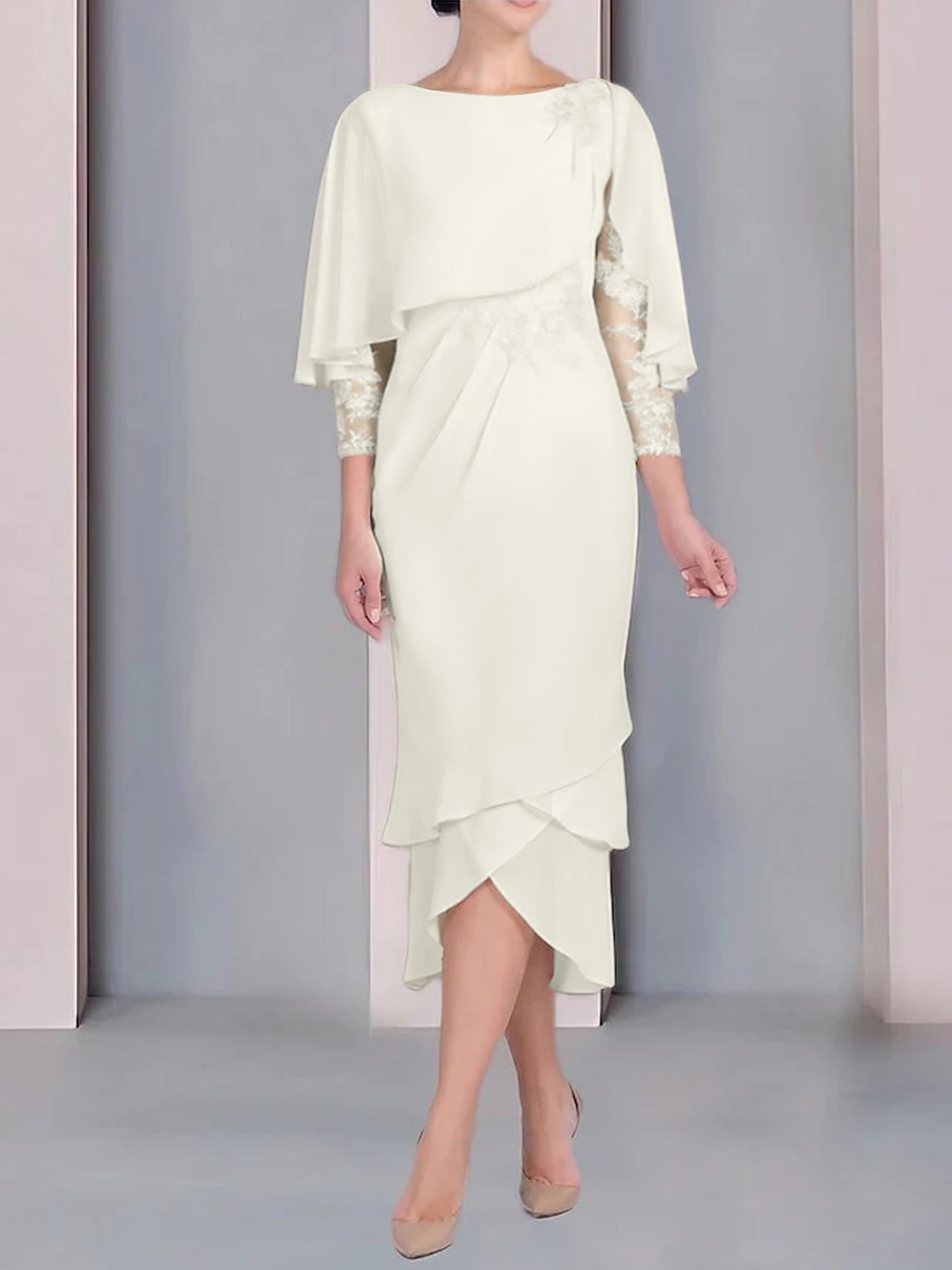 Tea-Length Mother of the Bride Dress with Scoop Neck Short Sleeves and Appliqued Lace-BMbridal