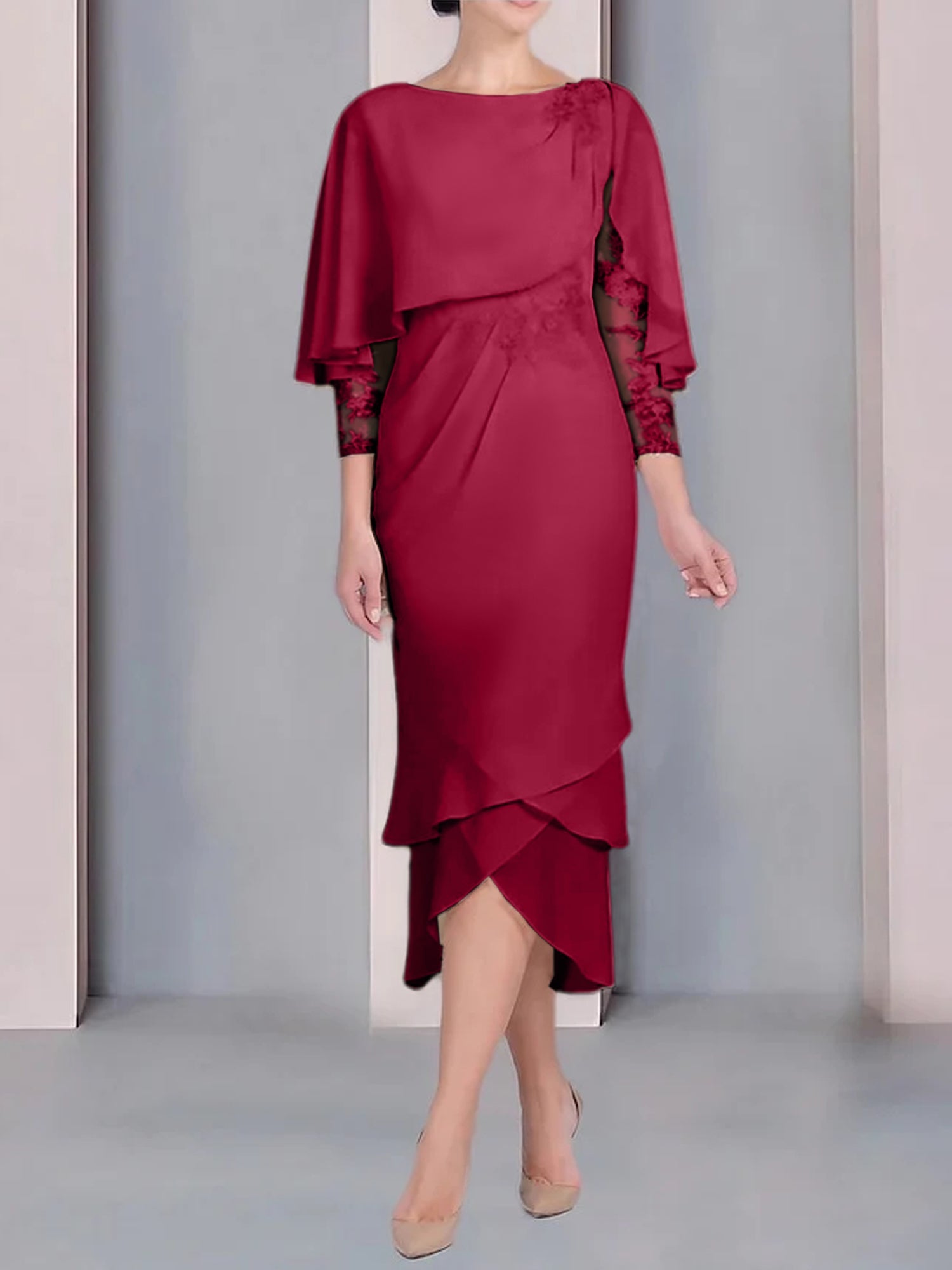 Tea-Length Mother of the Bride Dress with Scoop Neck Short Sleeves and Appliqued Lace-BMbridal