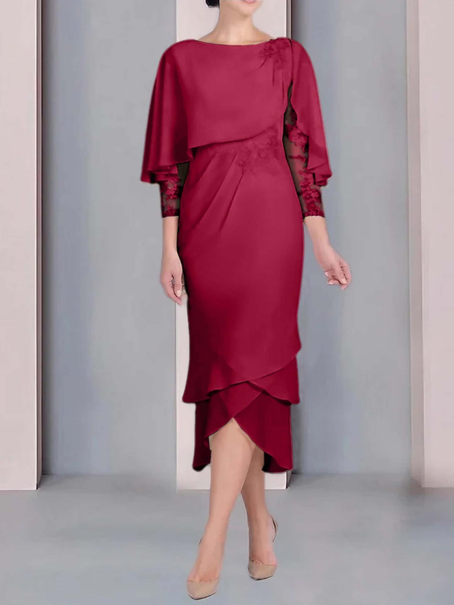 Tea-Length Mother of the Bride Dress with Scoop Neck Short Sleeves and Appliqued Lace-BMbridal