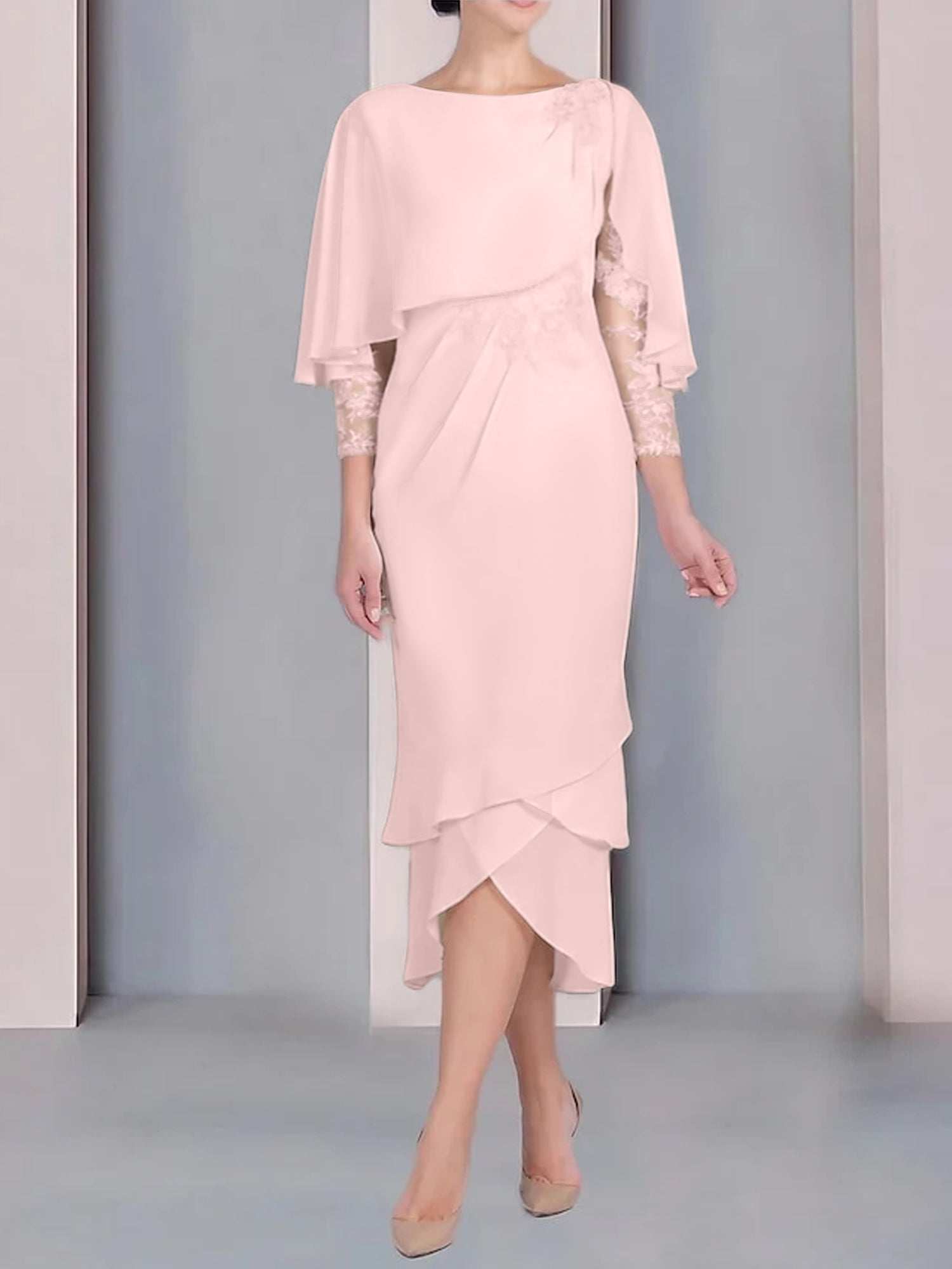 Tea-Length Mother of the Bride Dress with Scoop Neck Short Sleeves and Appliqued Lace-BMbridal