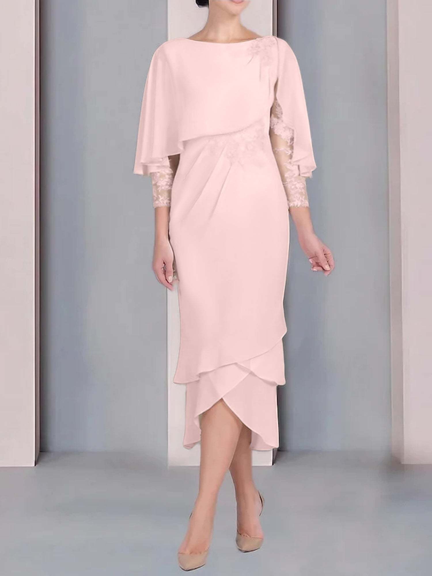 Tea-Length Mother of the Bride Dress with Scoop Neck Short Sleeves and Appliqued Lace-BMbridal