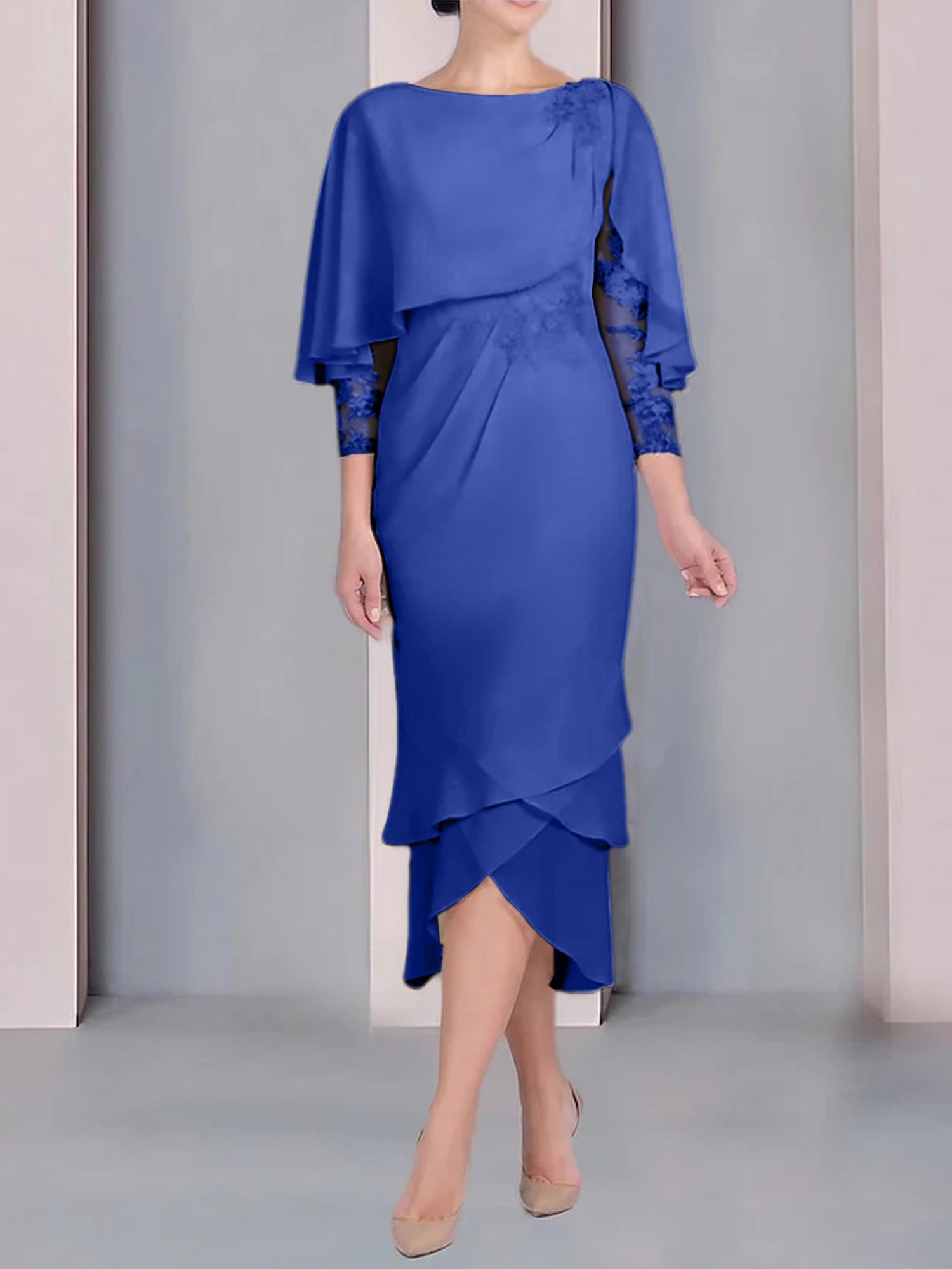 Tea-Length Mother of the Bride Dress with Scoop Neck Short Sleeves and Appliqued Lace-BMbridal