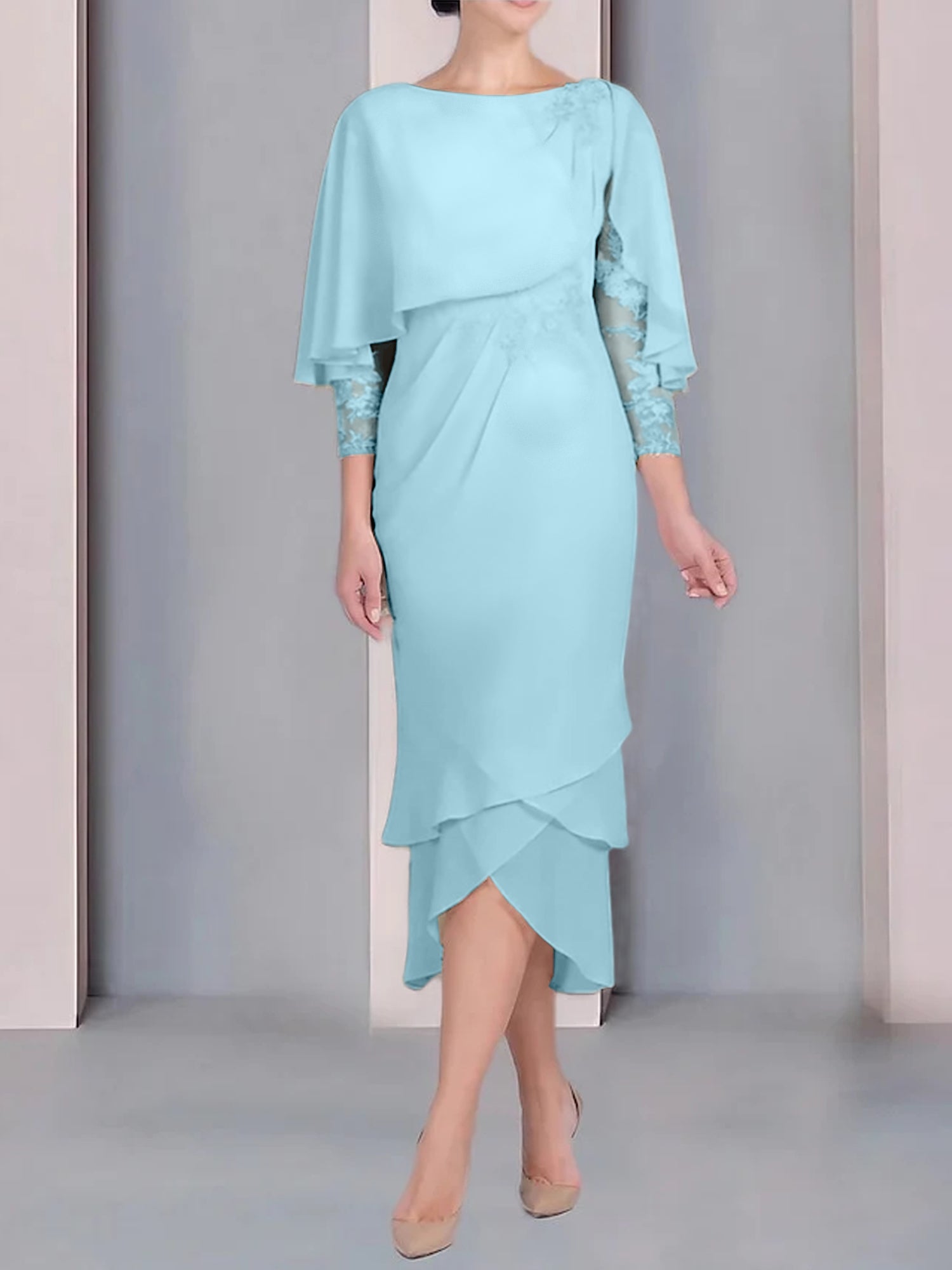 Tea-Length Mother of the Bride Dress with Scoop Neck Short Sleeves and Appliqued Lace-BMbridal