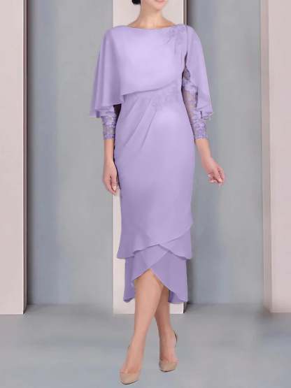 Tea-Length Mother of the Bride Dress with Scoop Neck Short Sleeves and Appliqued Lace-BMbridal