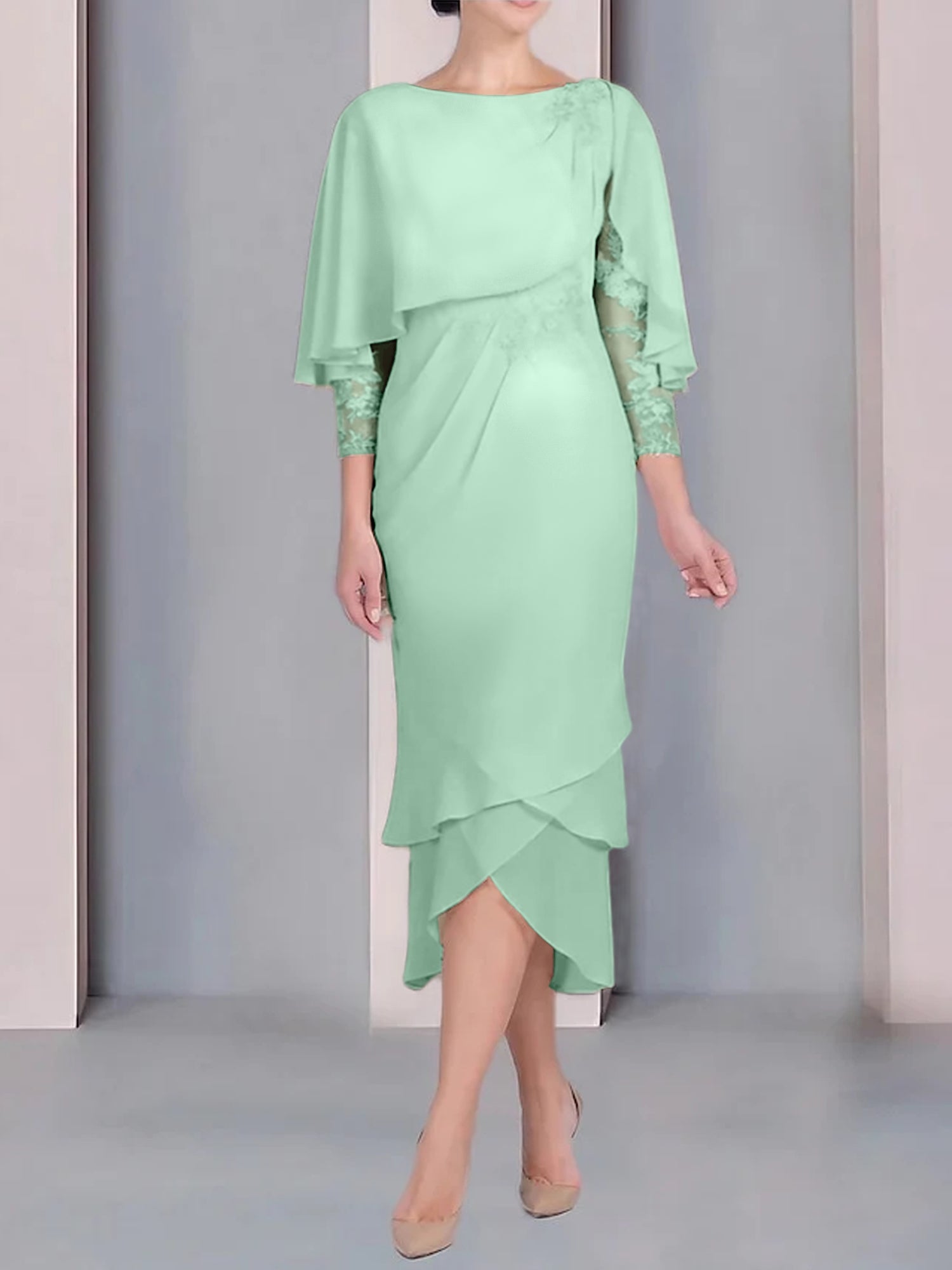 Tea-Length Mother of the Bride Dress with Scoop Neck Short Sleeves and Appliqued Lace-BMbridal