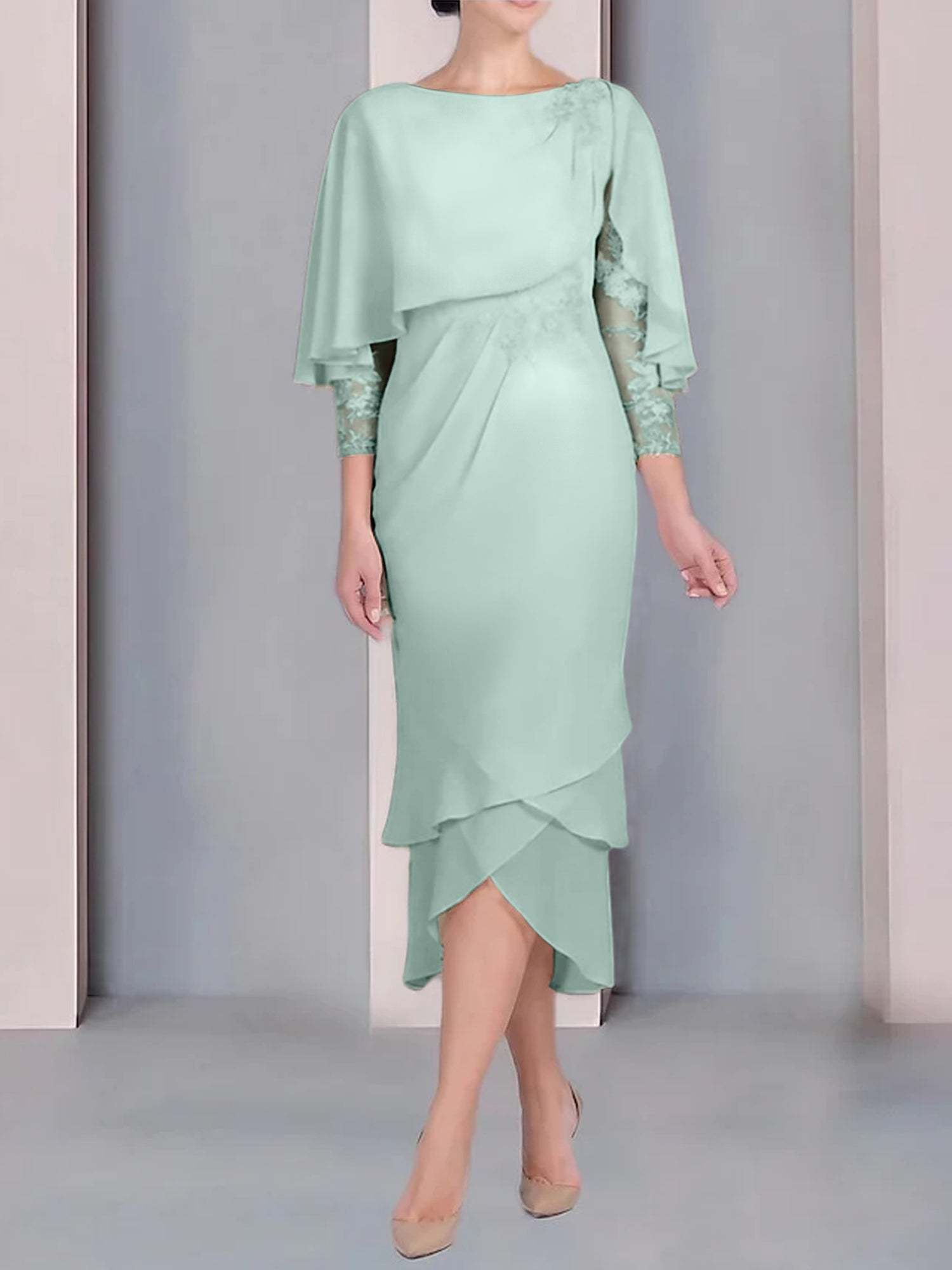 Tea-Length Mother of the Bride Dress with Scoop Neck Short Sleeves and Appliqued Lace-BMbridal