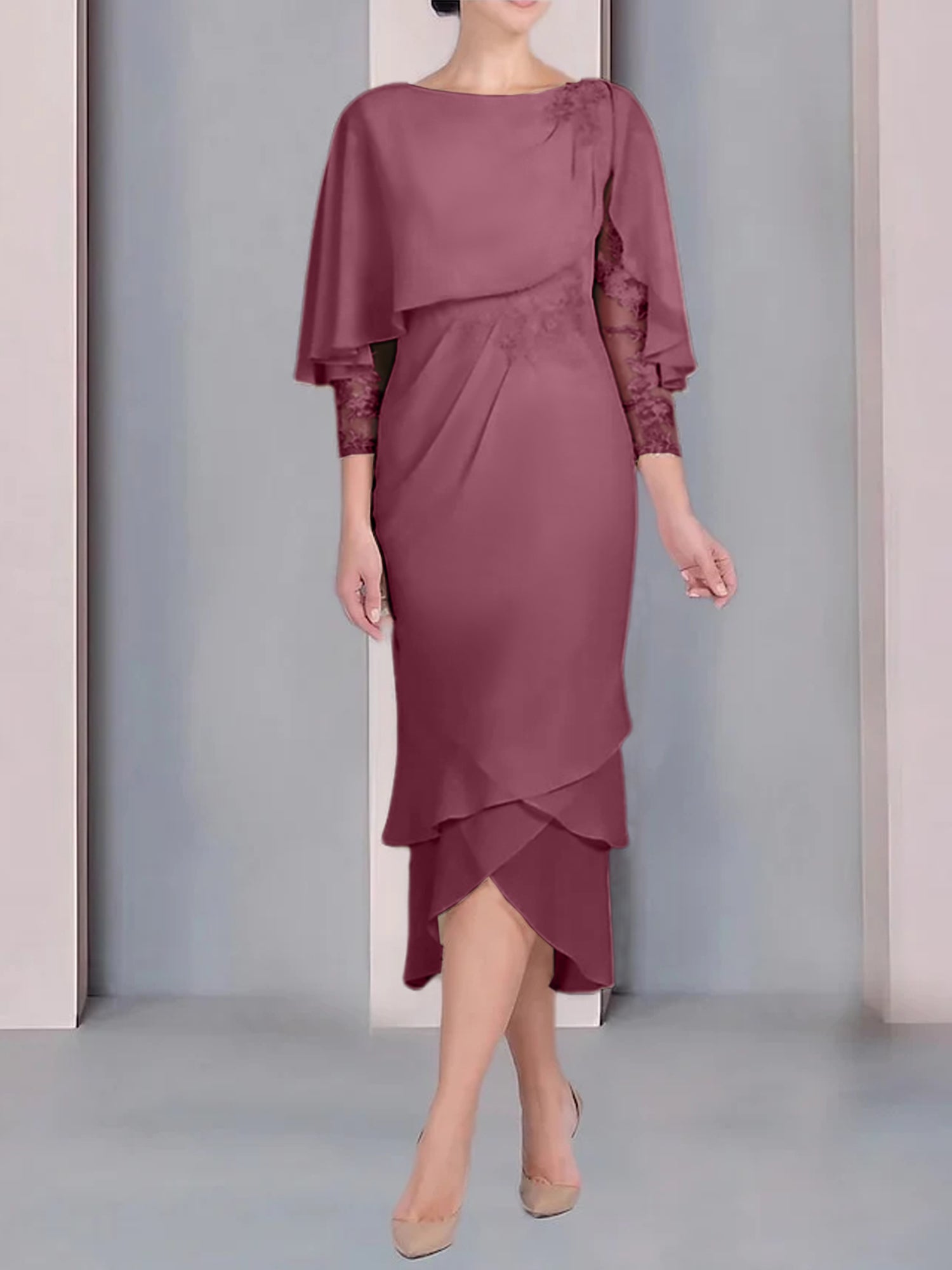 Tea-Length Mother of the Bride Dress with Scoop Neck Short Sleeves and Appliqued Lace-BMbridal