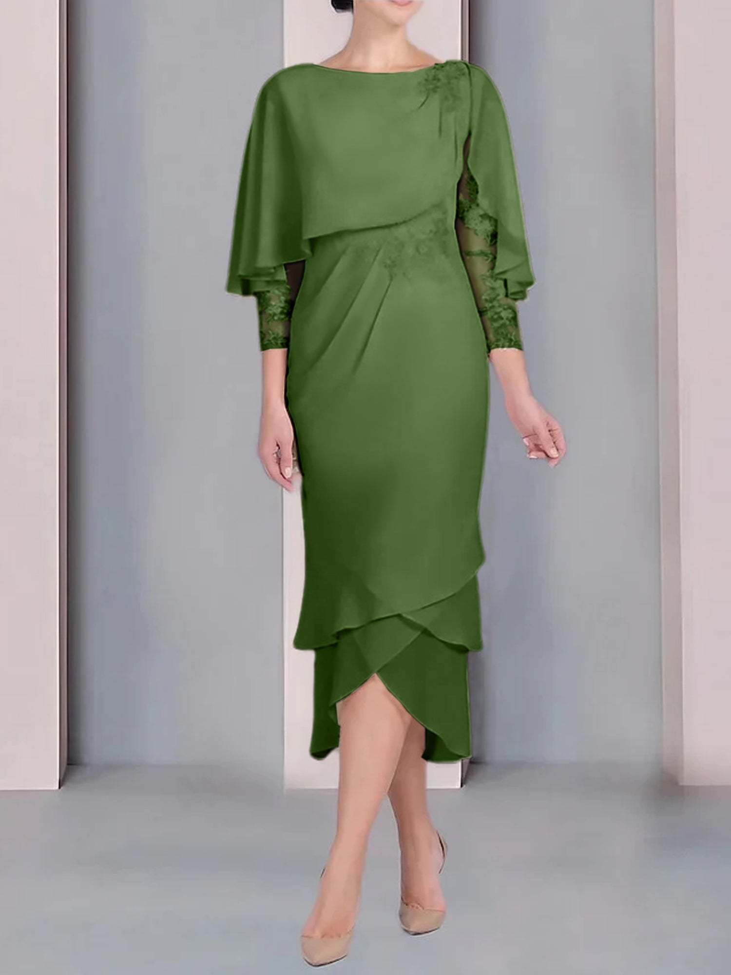 Tea-Length Mother of the Bride Dress with Scoop Neck Short Sleeves and Appliqued Lace-BMbridal