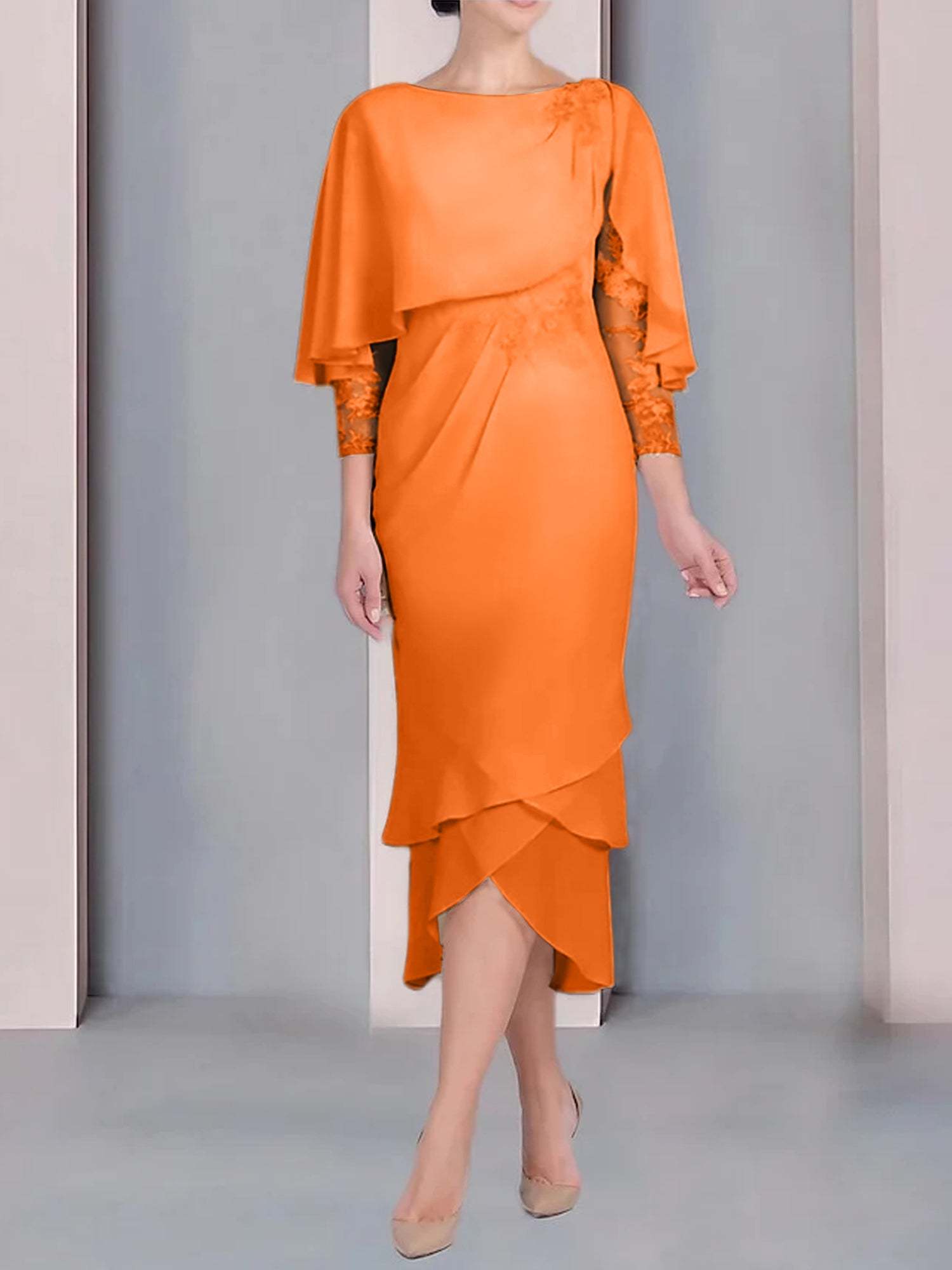 Tea-Length Mother of the Bride Dress with Scoop Neck Short Sleeves and Appliqued Lace-BMbridal