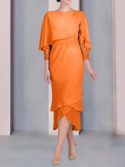 Tea-Length Mother of the Bride Dress with Scoop Neck Short Sleeves and Appliqued Lace-BMbridal