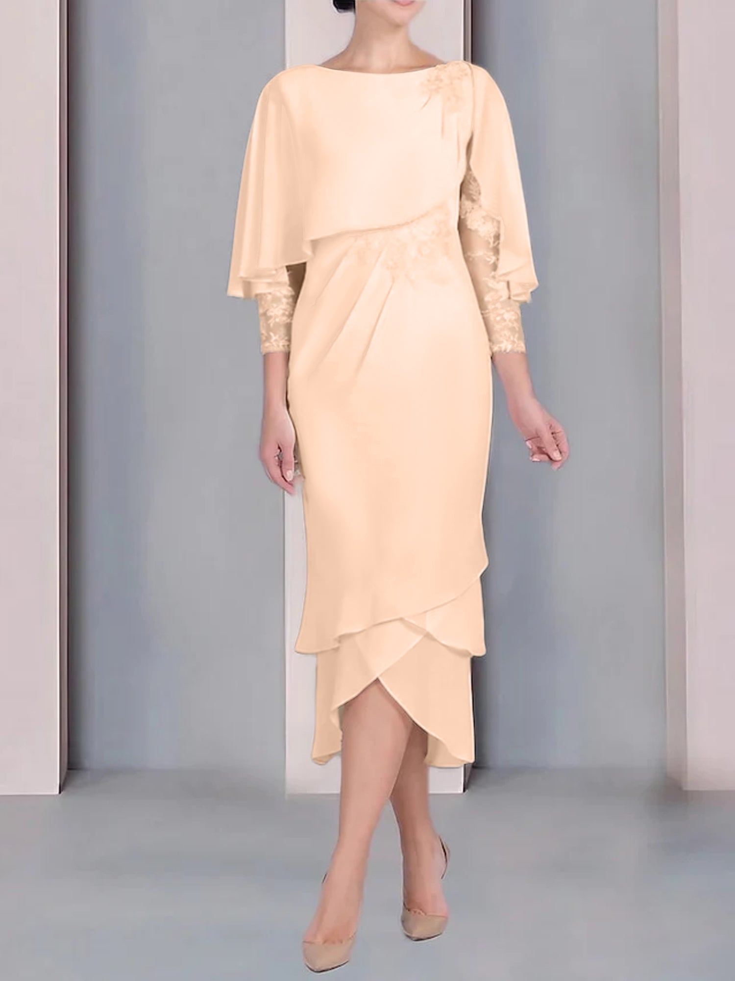 Tea-Length Mother of the Bride Dress with Scoop Neck Short Sleeves and Appliqued Lace-BMbridal