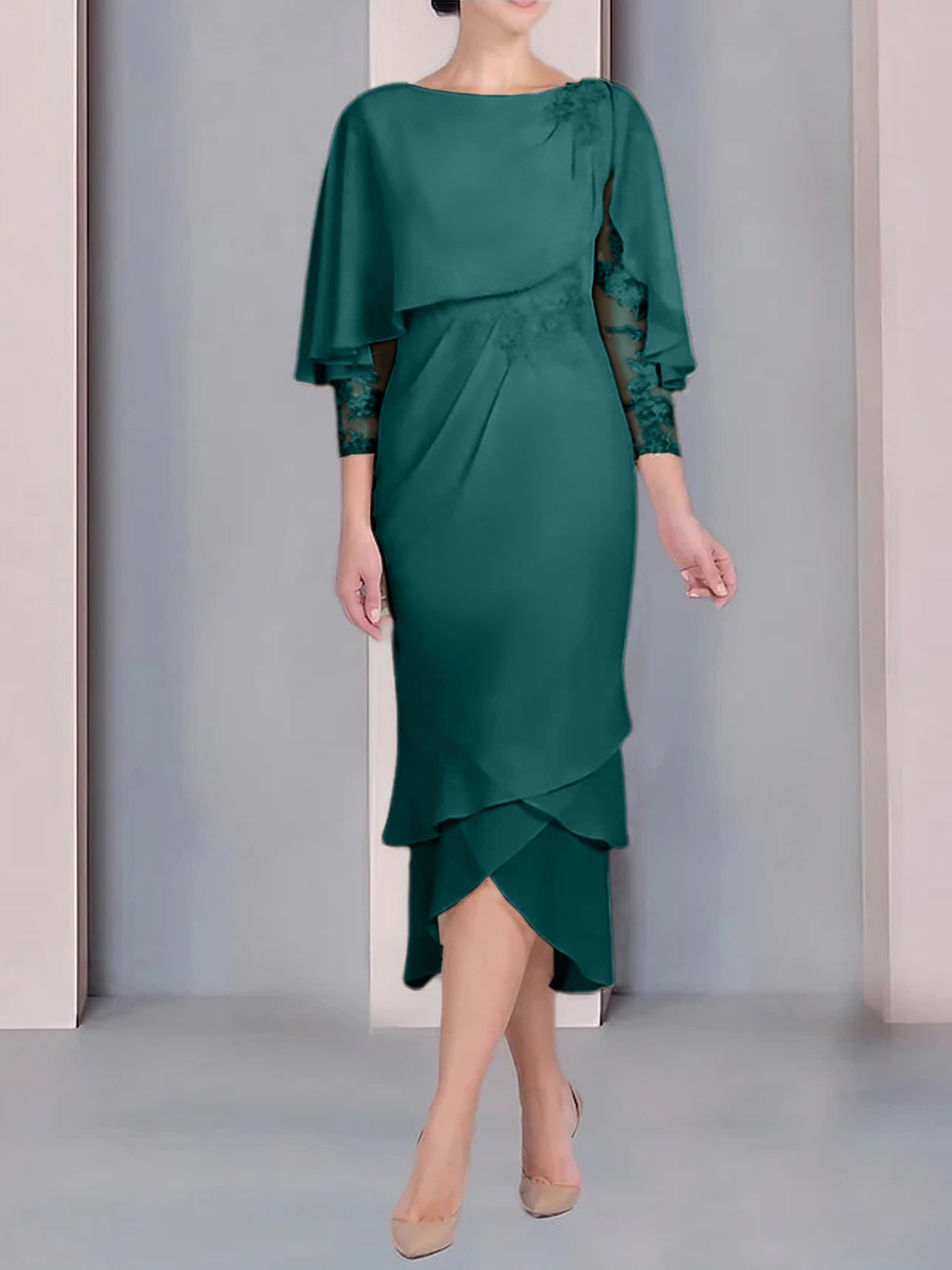 Tea-Length Mother of the Bride Dress with Scoop Neck Short Sleeves and Appliqued Lace-BMbridal