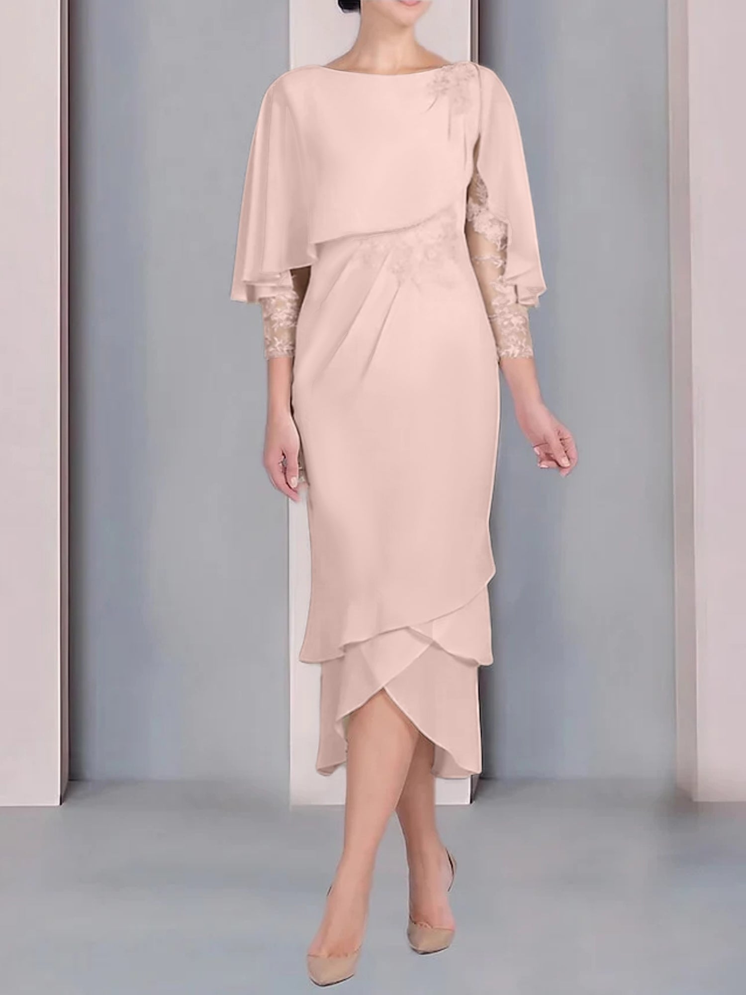 Tea-Length Mother of the Bride Dress with Scoop Neck Short Sleeves and Appliqued Lace-BMbridal