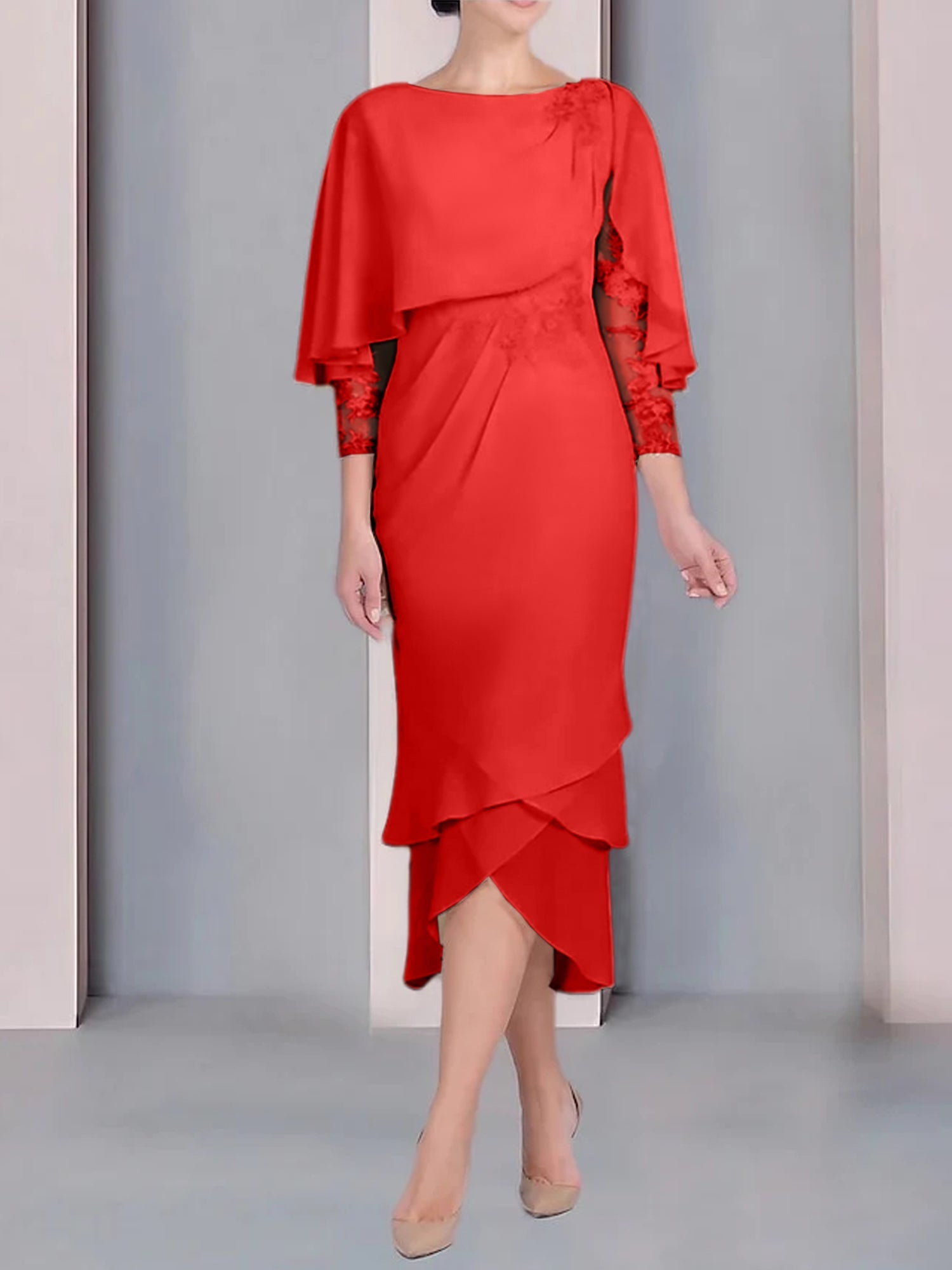 Tea-Length Mother of the Bride Dress with Scoop Neck Short Sleeves and Appliqued Lace-BMbridal