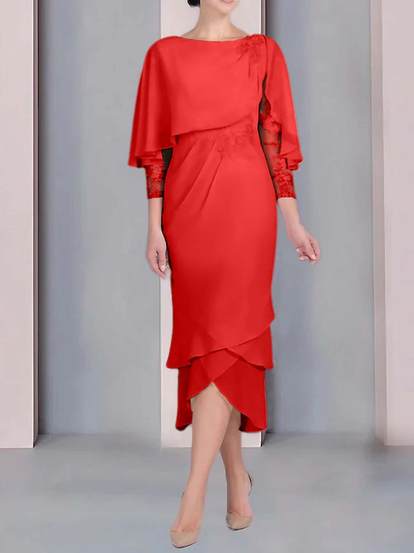 Tea-Length Mother of the Bride Dress with Scoop Neck Short Sleeves and Appliqued Lace-BMbridal