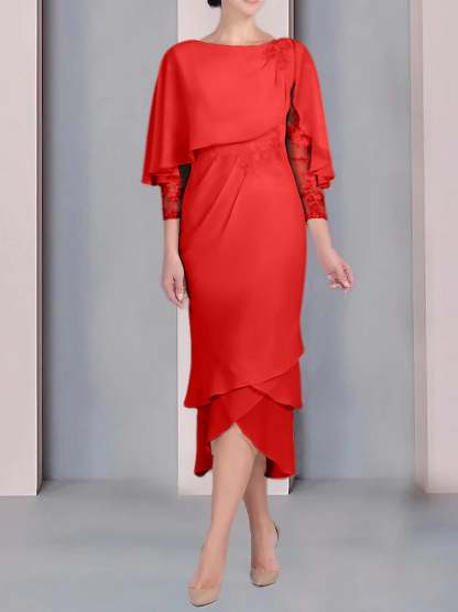 Tea-Length Mother of the Bride Dress with Scoop Neck Short Sleeves and Appliqued Lace-BMbridal