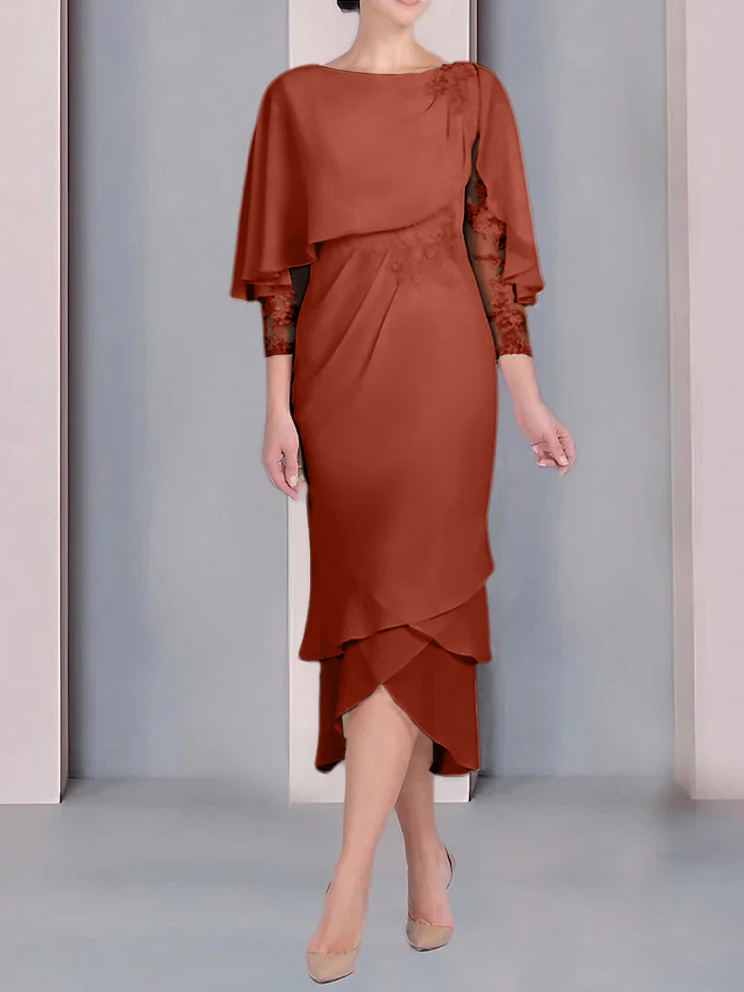 Tea-Length Mother of the Bride Dress with Scoop Neck Short Sleeves and Appliqued Lace-BMbridal