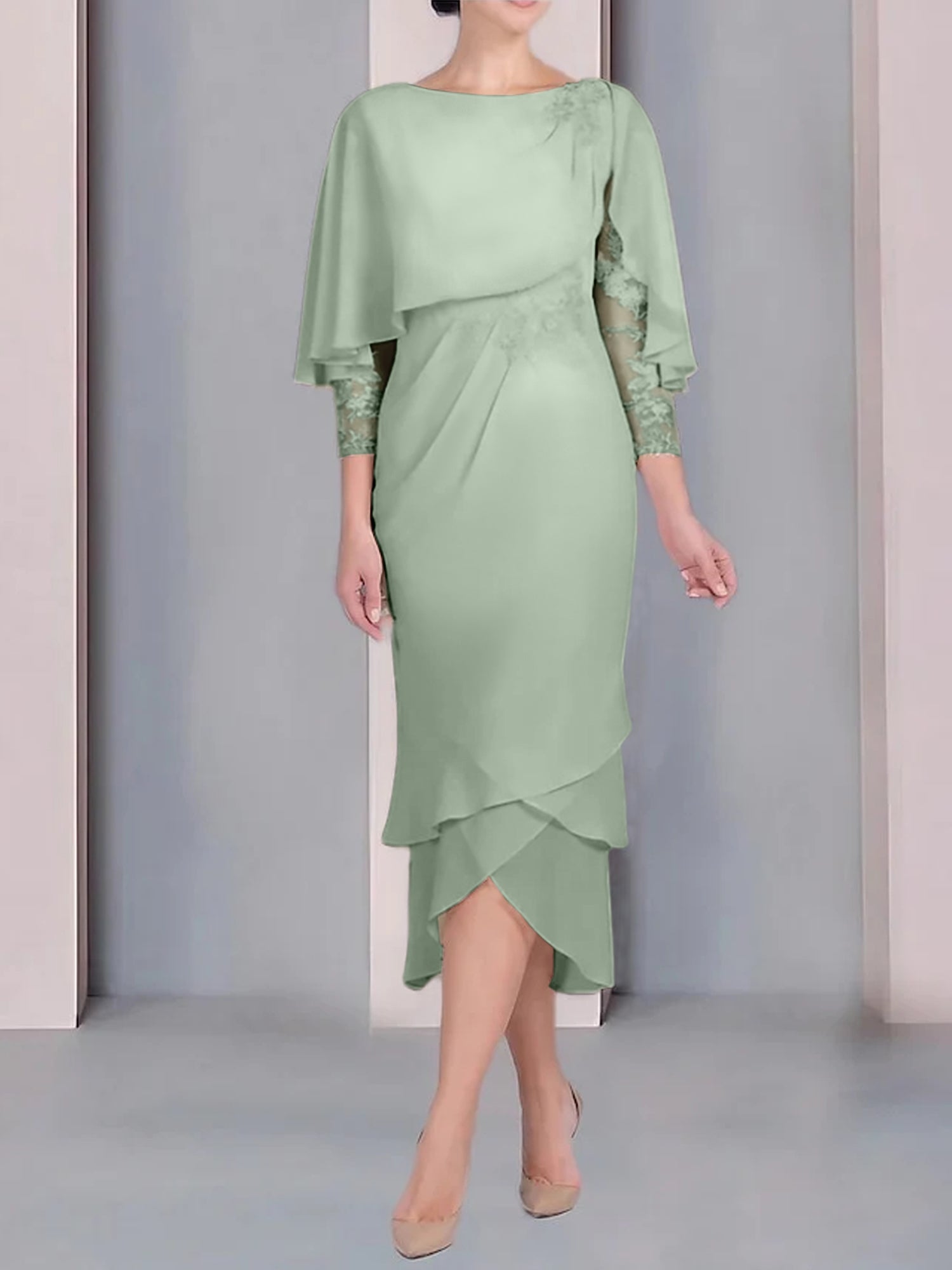 Tea-Length Mother of the Bride Dress with Scoop Neck Short Sleeves and Appliqued Lace-BMbridal