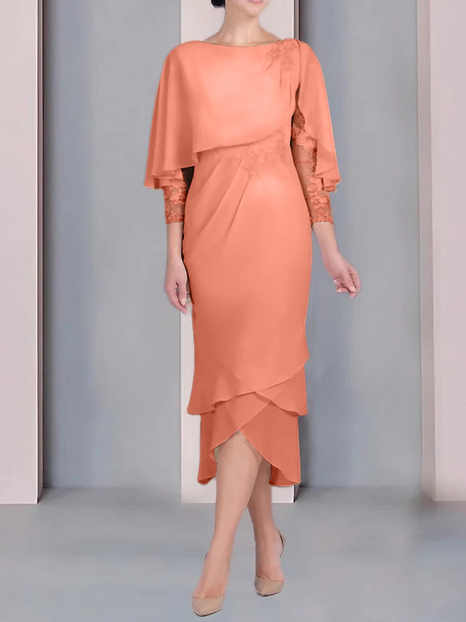 Tea-Length Mother of the Bride Dress with Scoop Neck Short Sleeves and Appliqued Lace-BMbridal