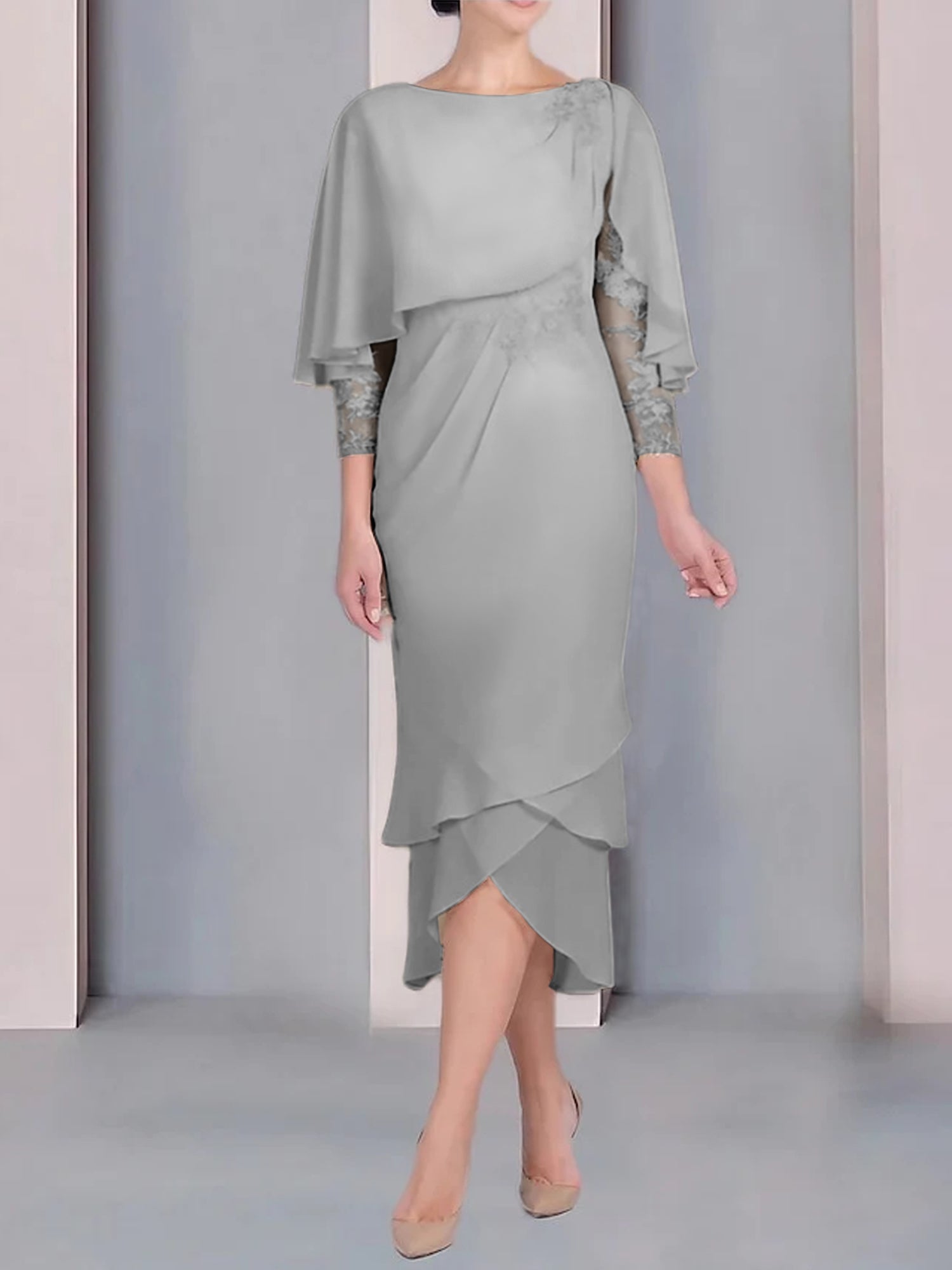 Tea-Length Mother of the Bride Dress with Scoop Neck Short Sleeves and Appliqued Lace-BMbridal