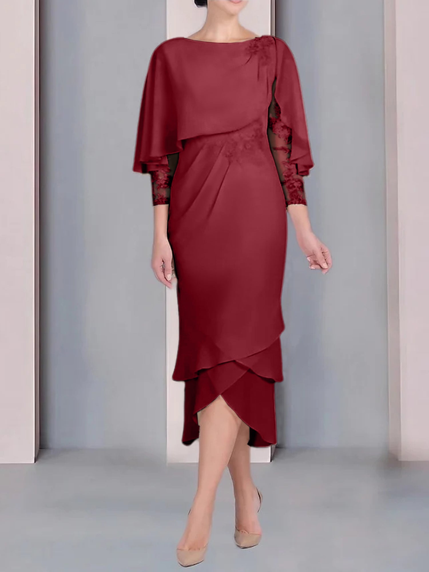 Tea-Length Mother of the Bride Dress with Scoop Neck Short Sleeves and Appliqued Lace-BMbridal