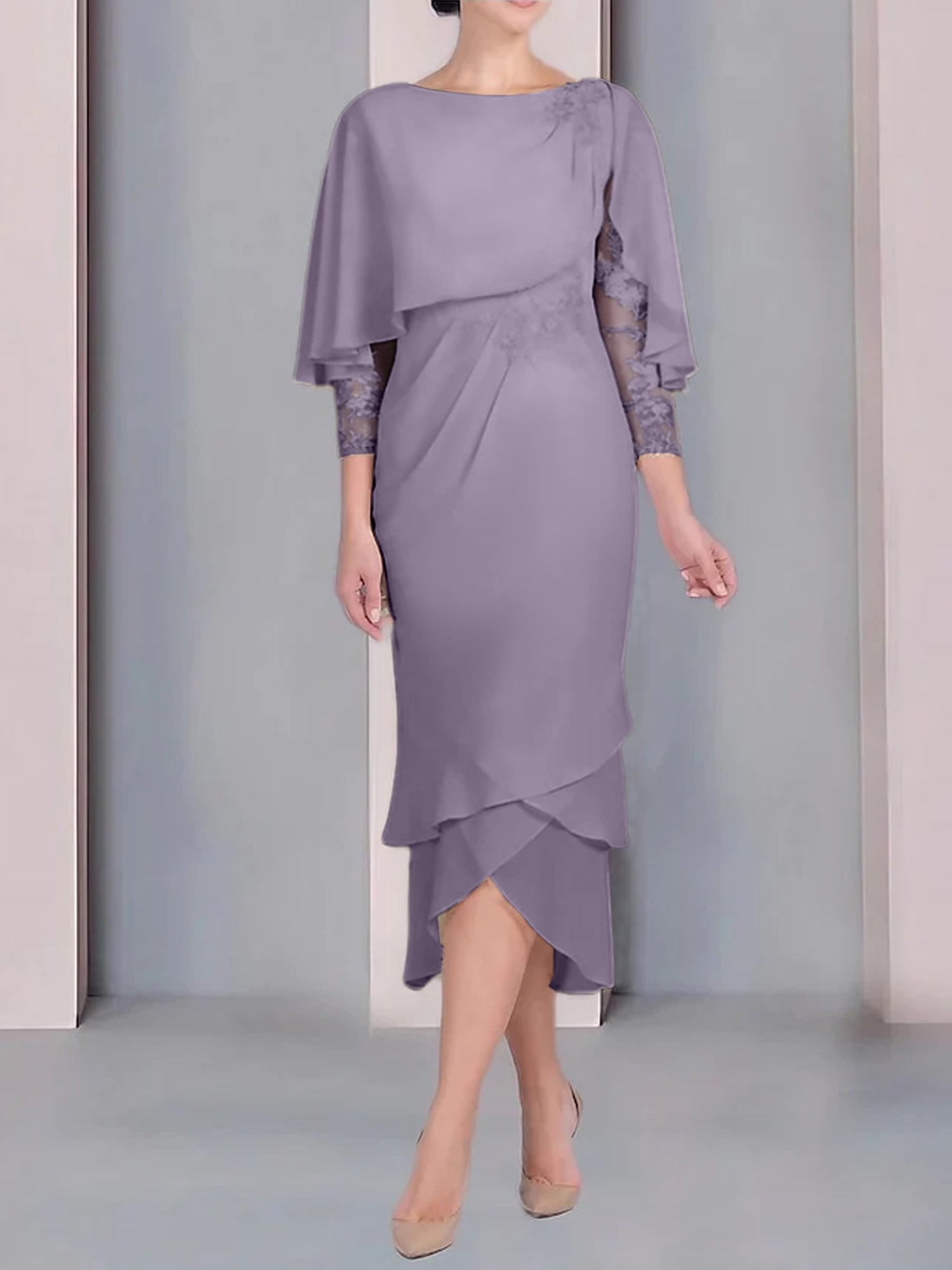 Tea-Length Mother of the Bride Dress with Scoop Neck Short Sleeves and Appliqued Lace-BMbridal