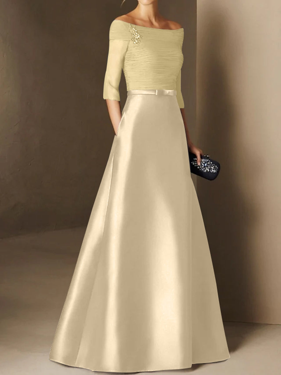 Short-Sleeve Off-the-Shoulder A-Line Mother of the Bride Dress with Belt Applique-BMbridal