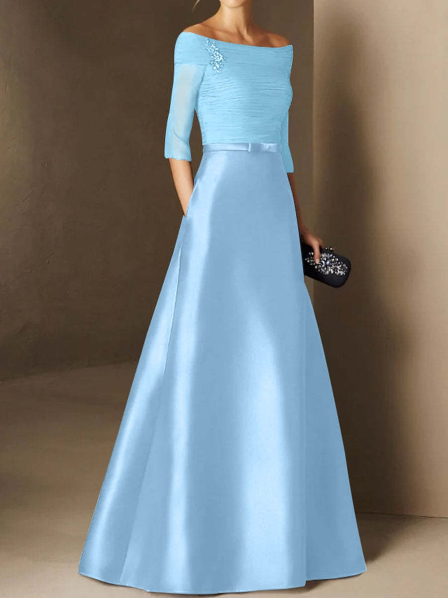Short-Sleeve Off-the-Shoulder A-Line Mother of the Bride Dress with Belt Applique-BMbridal