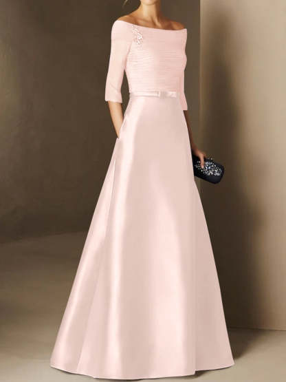 Short-Sleeve Off-the-Shoulder A-Line Mother of the Bride Dress with Belt Applique-BMbridal