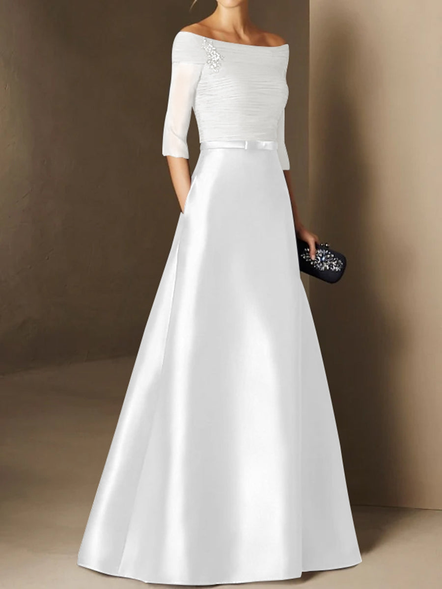 Short-Sleeve Off-the-Shoulder A-Line Mother of the Bride Dress with Belt Applique-BMbridal