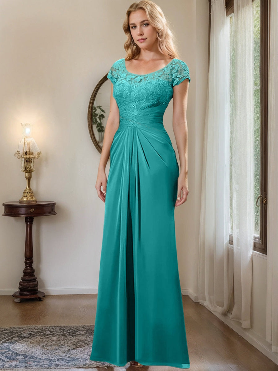 Floor-Length Chiffon Mother of the Bride Dress with Lace Ruffle and Sheath/Column Scoop