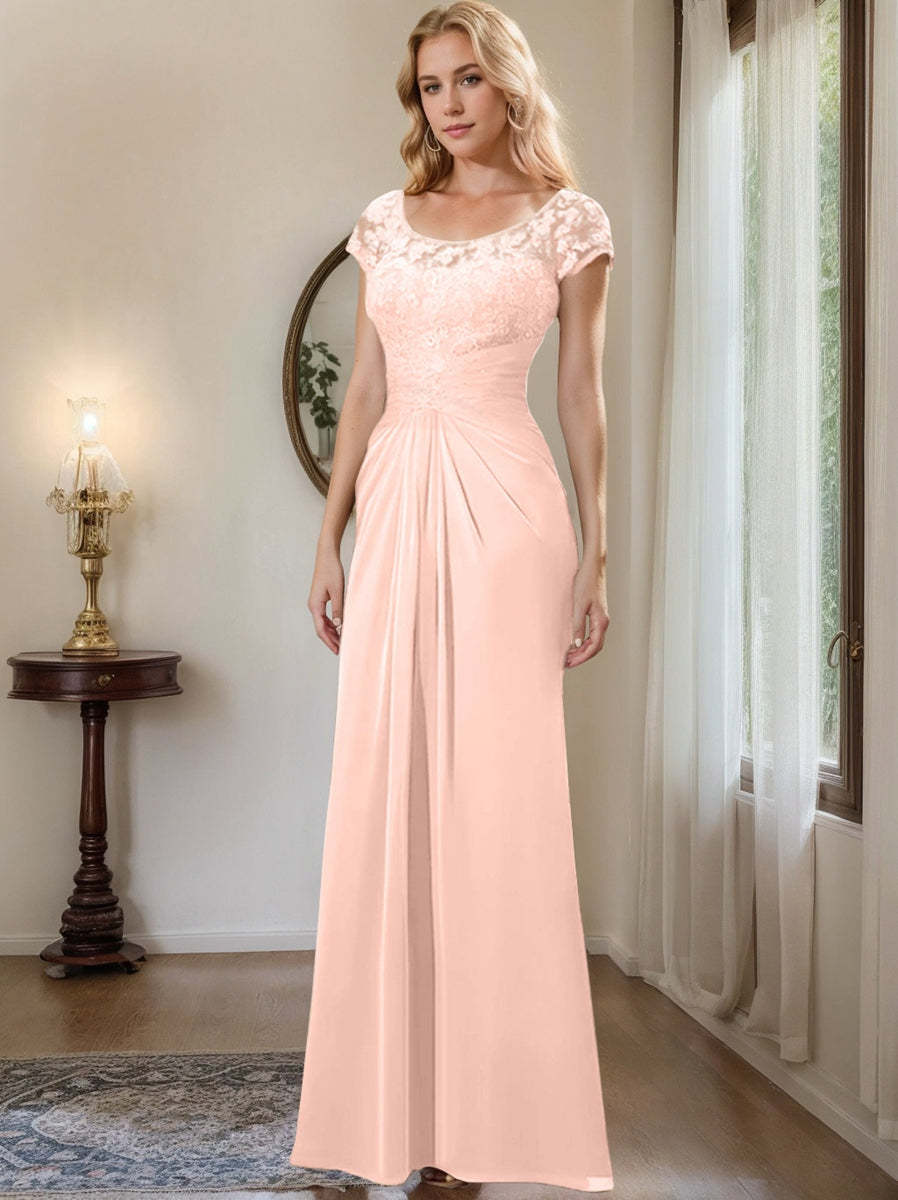 Floor-Length Chiffon Mother of the Bride Dress with Lace Ruffle and Sheath/Column Scoop