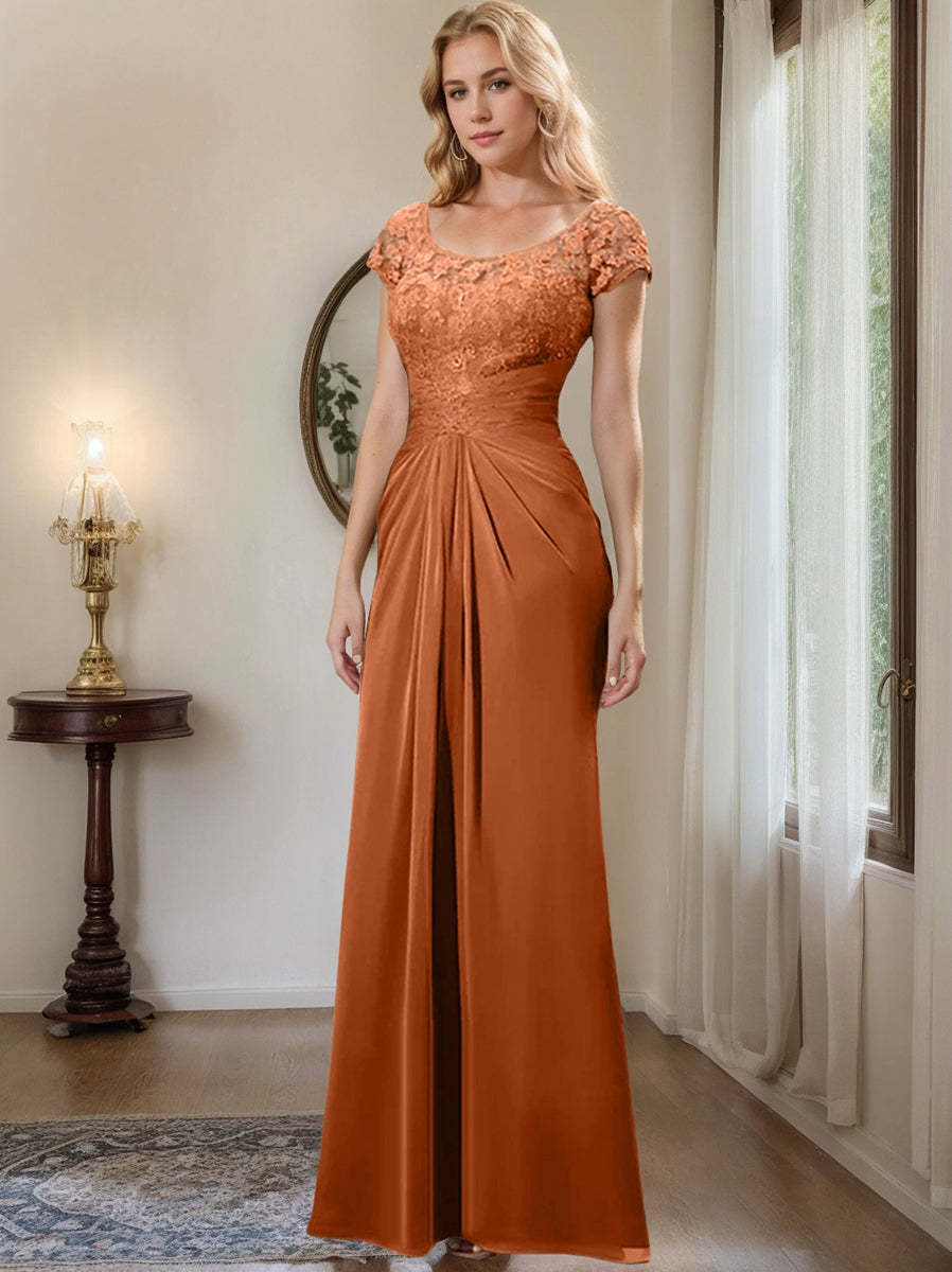 Floor-Length Chiffon Mother of the Bride Dress with Lace Ruffle and Sheath/Column Scoop