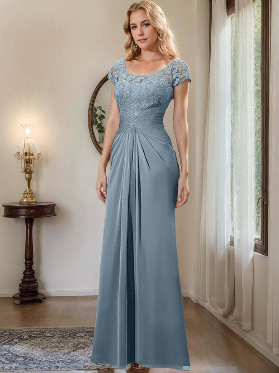Floor-Length Chiffon Mother of the Bride Dress with Lace Ruffle and Sheath/Column Scoop