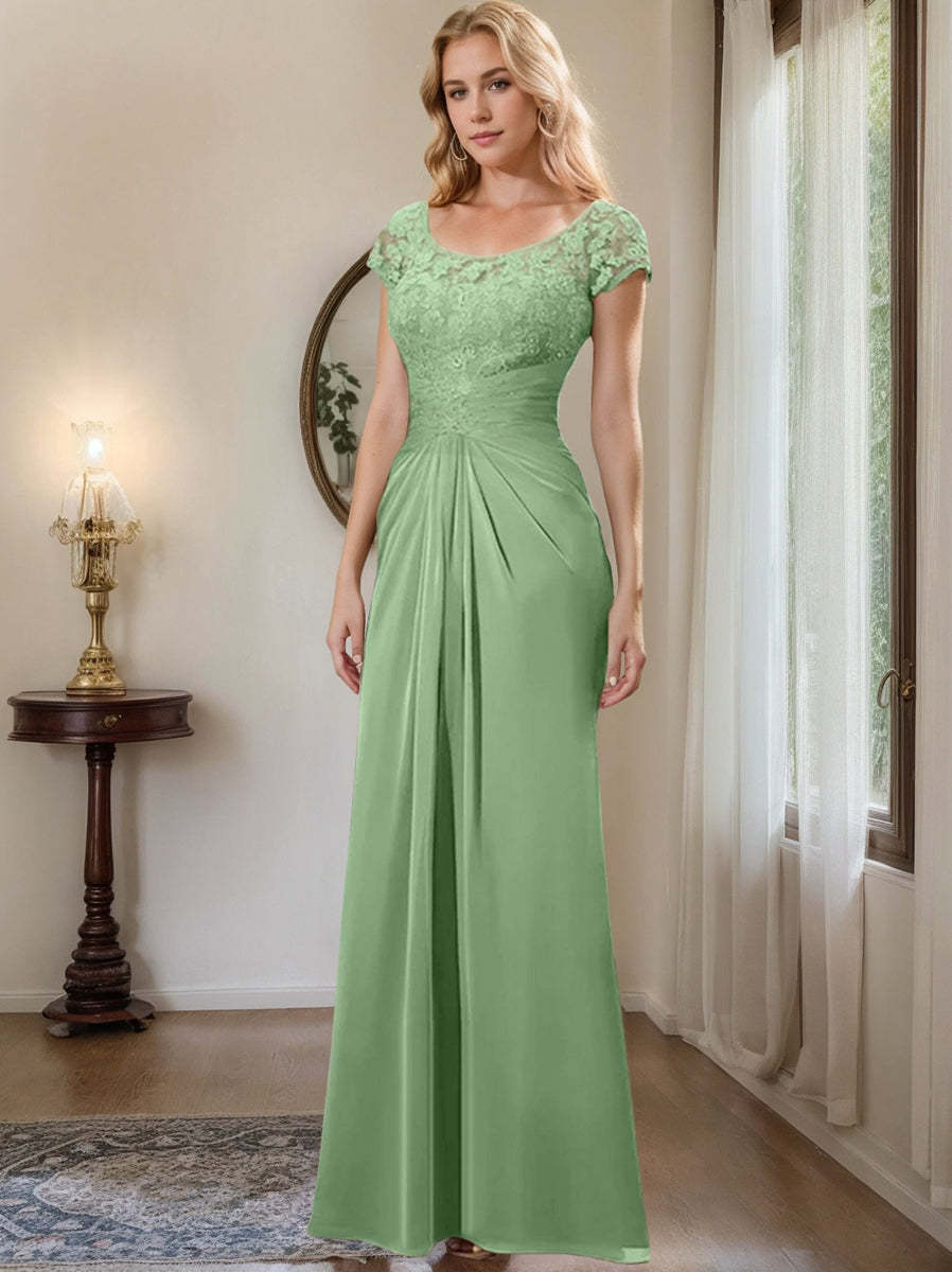 Floor-Length Chiffon Mother of the Bride Dress with Lace Ruffle and Sheath/Column Scoop