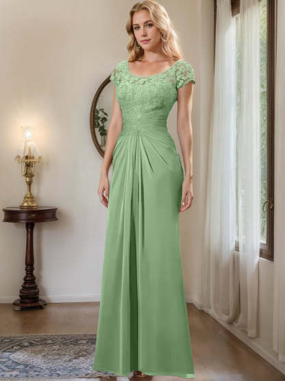 Floor-Length Chiffon Mother of the Bride Dress with Lace Ruffle and Sheath/Column Scoop