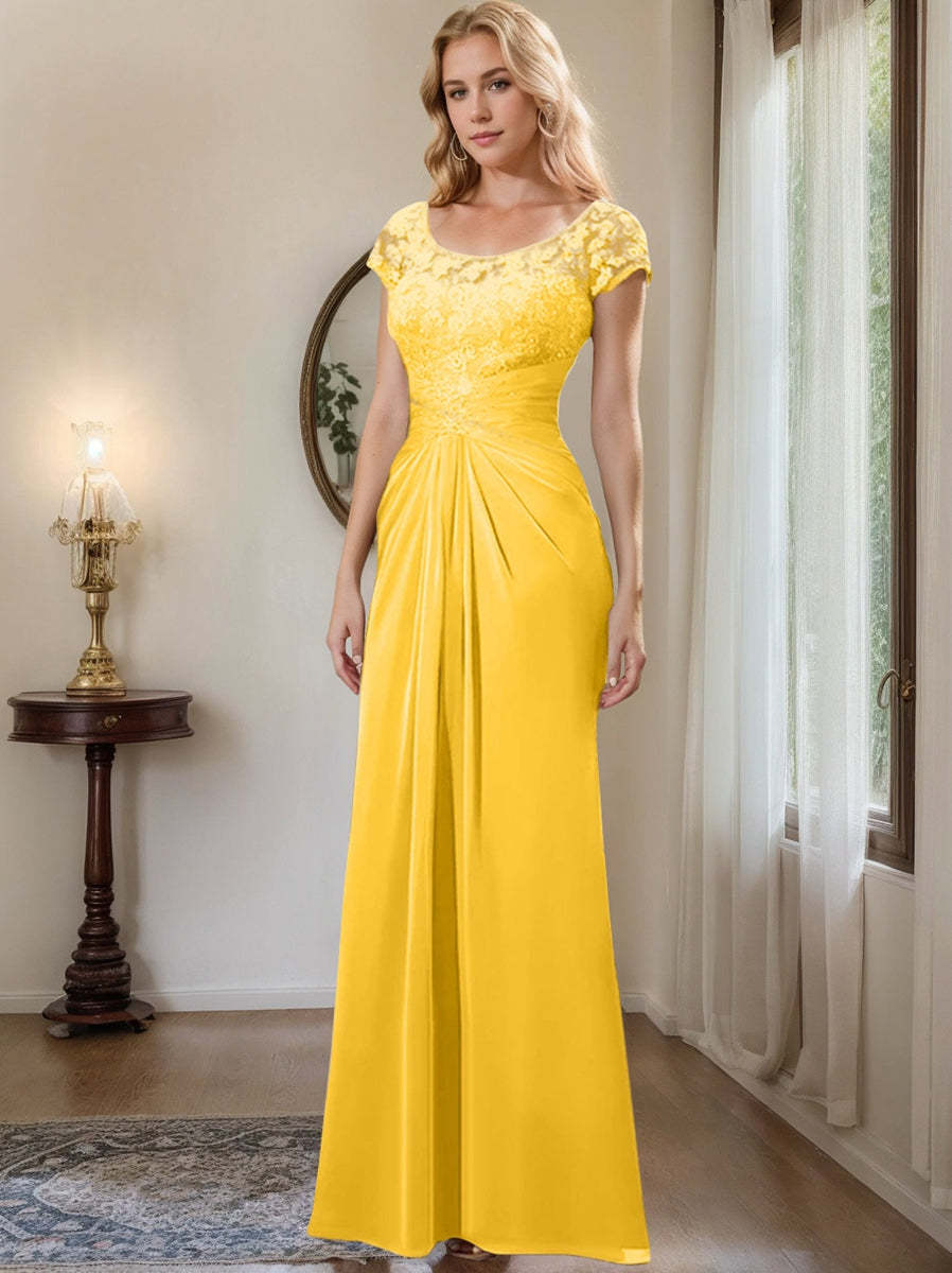 Floor-Length Chiffon Mother of the Bride Dress with Lace Ruffle and Sheath/Column Scoop