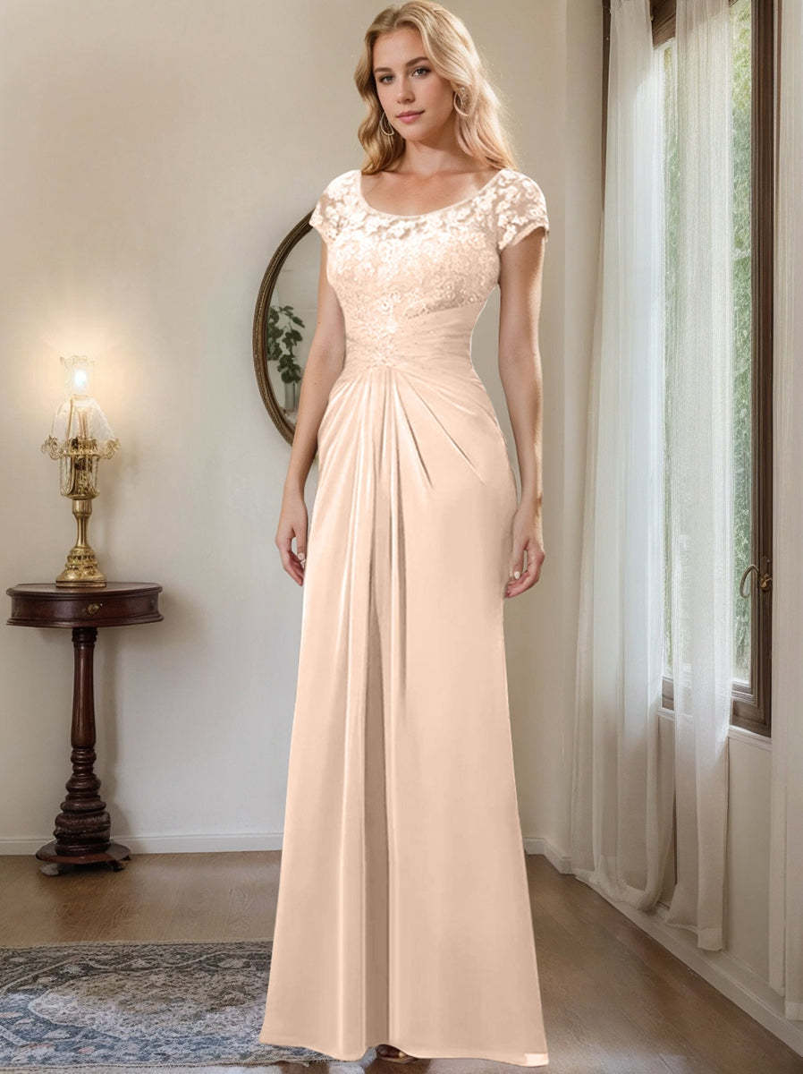 Floor-Length Chiffon Mother of the Bride Dress with Lace Ruffle and Sheath/Column Scoop