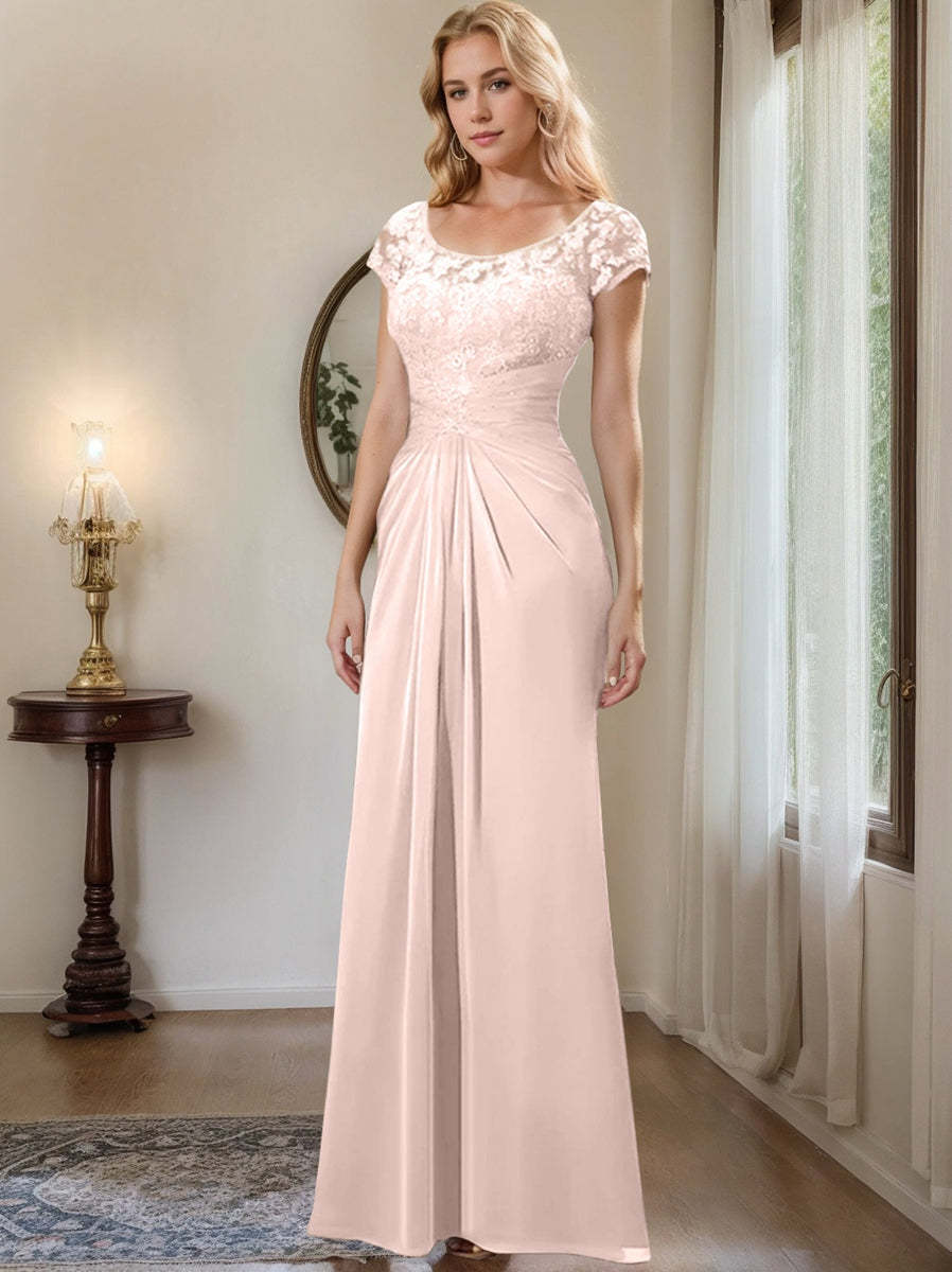 Floor-Length Chiffon Mother of the Bride Dress with Lace Ruffle and Sheath/Column Scoop