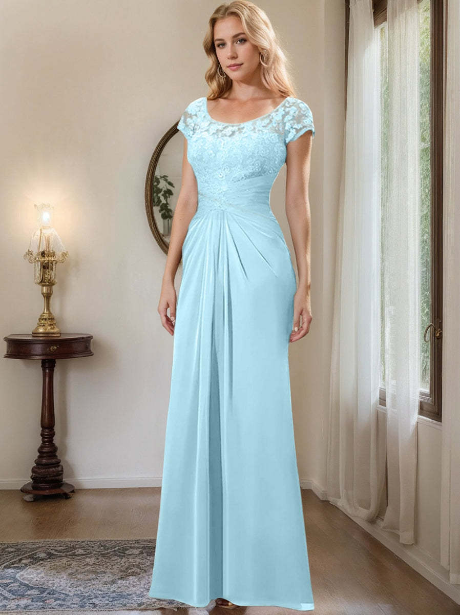 Floor-Length Chiffon Mother of the Bride Dress with Lace Ruffle and Sheath/Column Scoop