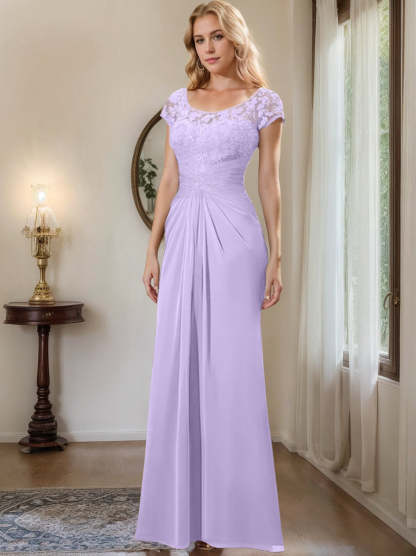 Floor-Length Chiffon Mother of the Bride Dress with Lace Ruffle and Sheath/Column Scoop