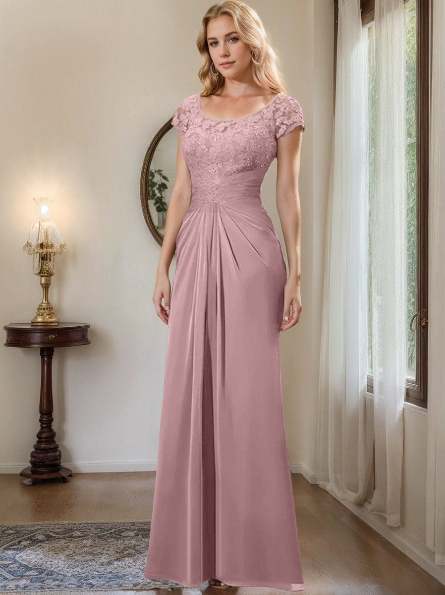 Floor-Length Chiffon Mother of the Bride Dress with Lace Ruffle and Sheath/Column Scoop