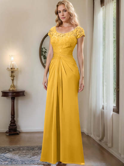 Floor-Length Chiffon Mother of the Bride Dress with Lace Ruffle and Sheath/Column Scoop