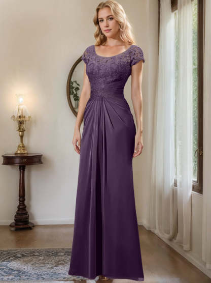 Floor-Length Chiffon Mother of the Bride Dress with Lace Ruffle and Sheath/Column Scoop
