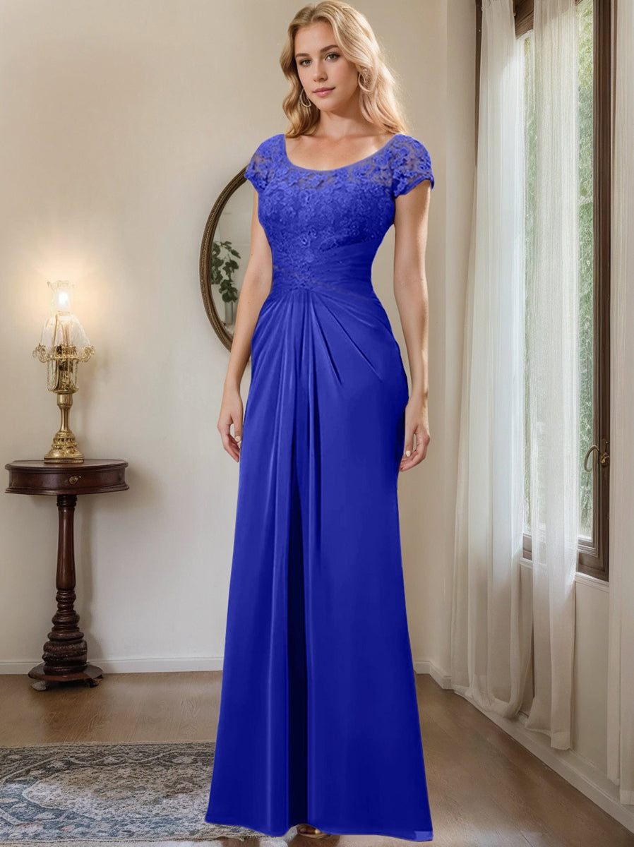 Floor-Length Chiffon Mother of the Bride Dress with Lace Ruffle and Sheath/Column Scoop