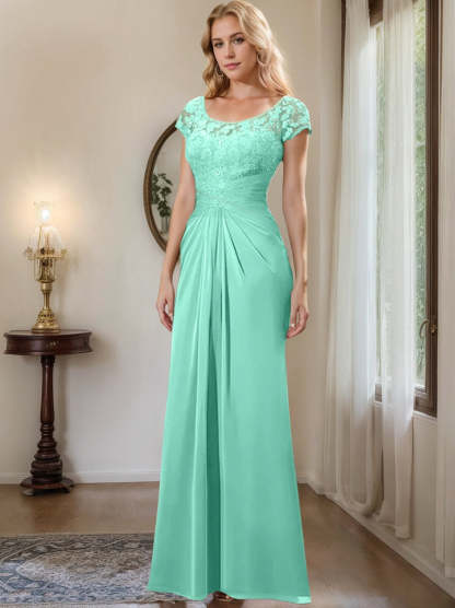 Floor-Length Chiffon Mother of the Bride Dress with Lace Ruffle and Sheath/Column Scoop