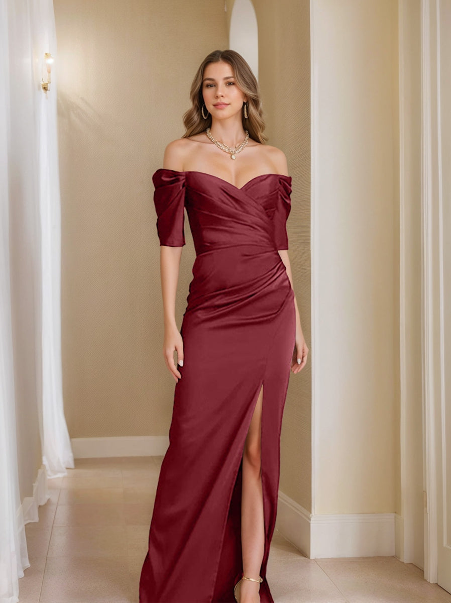 Off-the-Shoulder Short Sleeve Sheath/Column Mother of the Bride Dress With Front Split