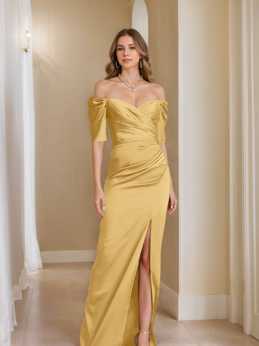 Off-the-Shoulder Short Sleeve Sheath/Column Mother of the Bride Dress With Front Split