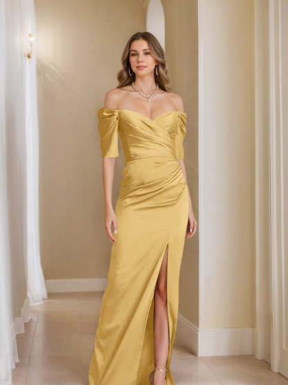 Off-the-Shoulder Short Sleeve Sheath/Column Mother of the Bride Dress With Front Split