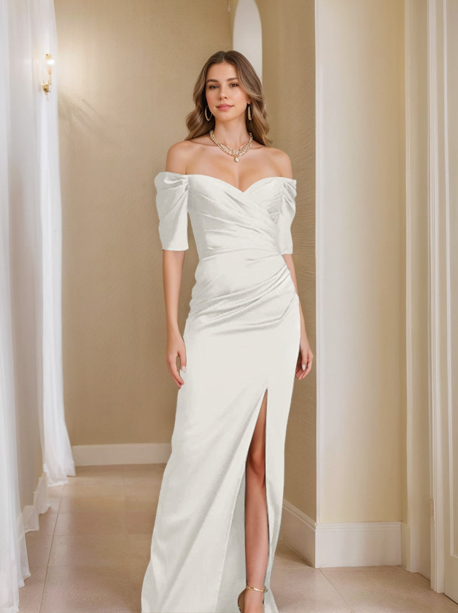 Off-the-Shoulder Short Sleeve Sheath/Column Mother of the Bride Dress With Front Split